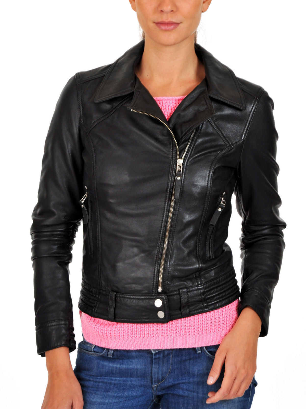 Women Real Lambskin Leather Biker Jacket KW069 featuring high-quality leather, YKK zipper, and satin lining for comfort.
