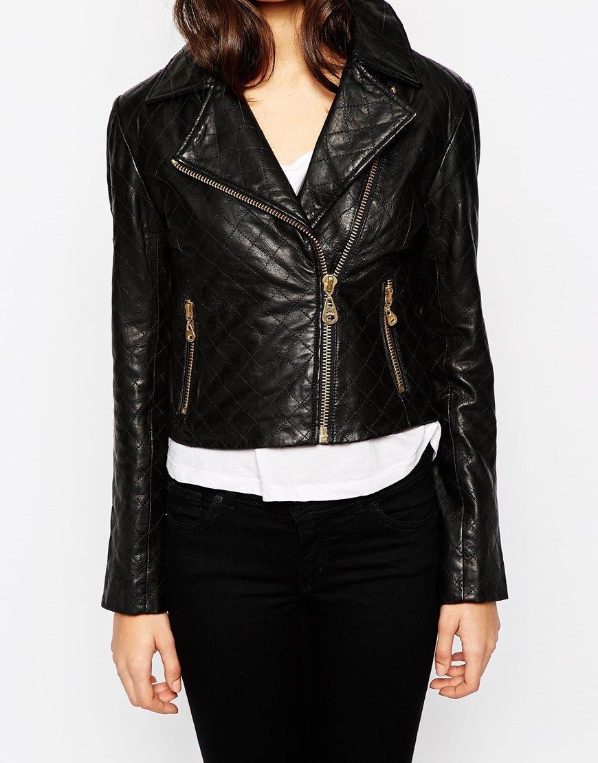 Women Real Lambskin Leather Biker Jacket KW077 featuring high-quality leather, satin lining, and stylish design with pockets.