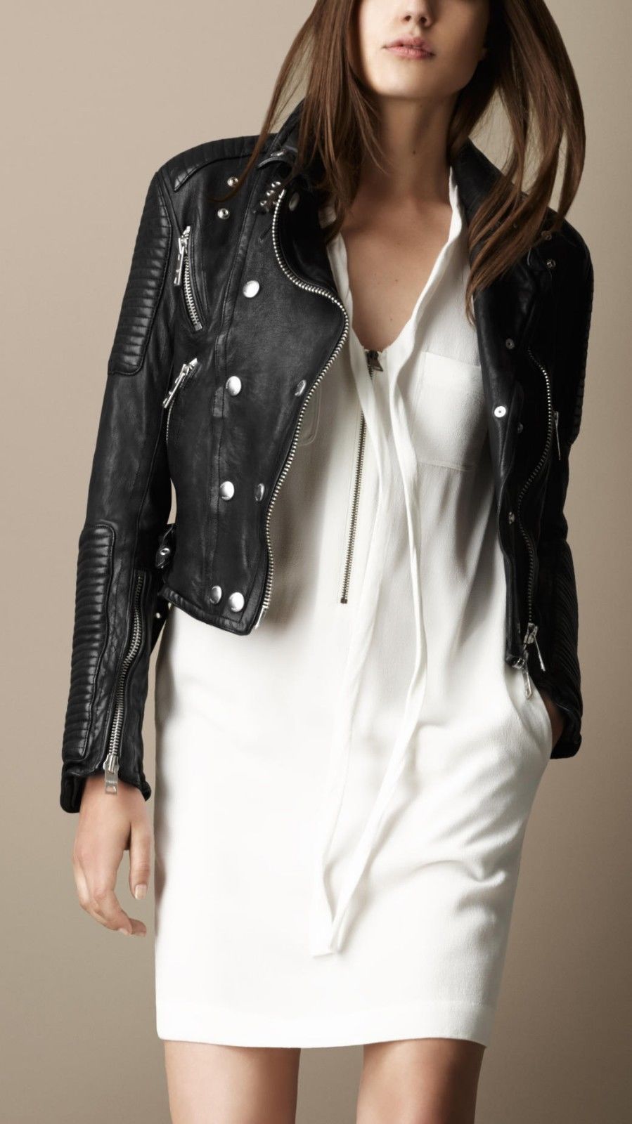 Women Real Lambskin Leather Biker Jacket KW090 featuring high-quality leather, satin lining, and stylish design with multiple pockets.