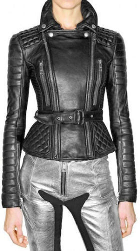 Women Real Lambskin Leather Biker Jacket KW093 featuring high-quality leather, satin lining, and stylish design with pockets.