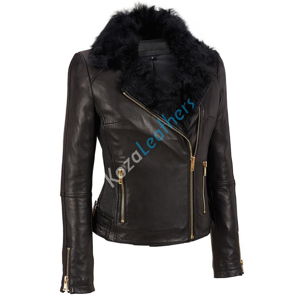 Women Real Lambskin Leather Biker Jacket KW124 featuring high-quality leather, satin lining, and stylish design.