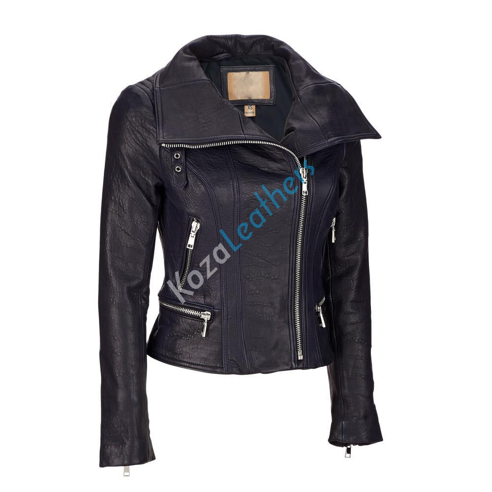 Women Real Lambskin Leather Biker Jacket KW131 featuring high-quality leather, satin lining, and stylish design with multiple pockets.