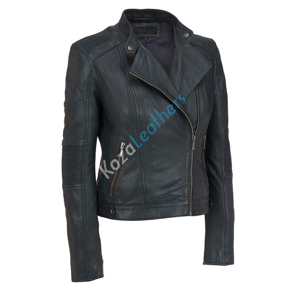 Women Real Lambskin Leather Biker Jacket KW138 featuring high-quality leather, satin lining, and stylish design with multiple pockets.
