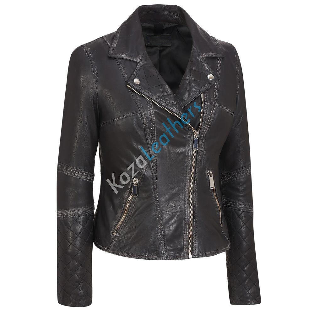 Women Real Lambskin Leather Biker Jacket KW139 featuring high-quality leather, satin lining, and stylish design with pockets.