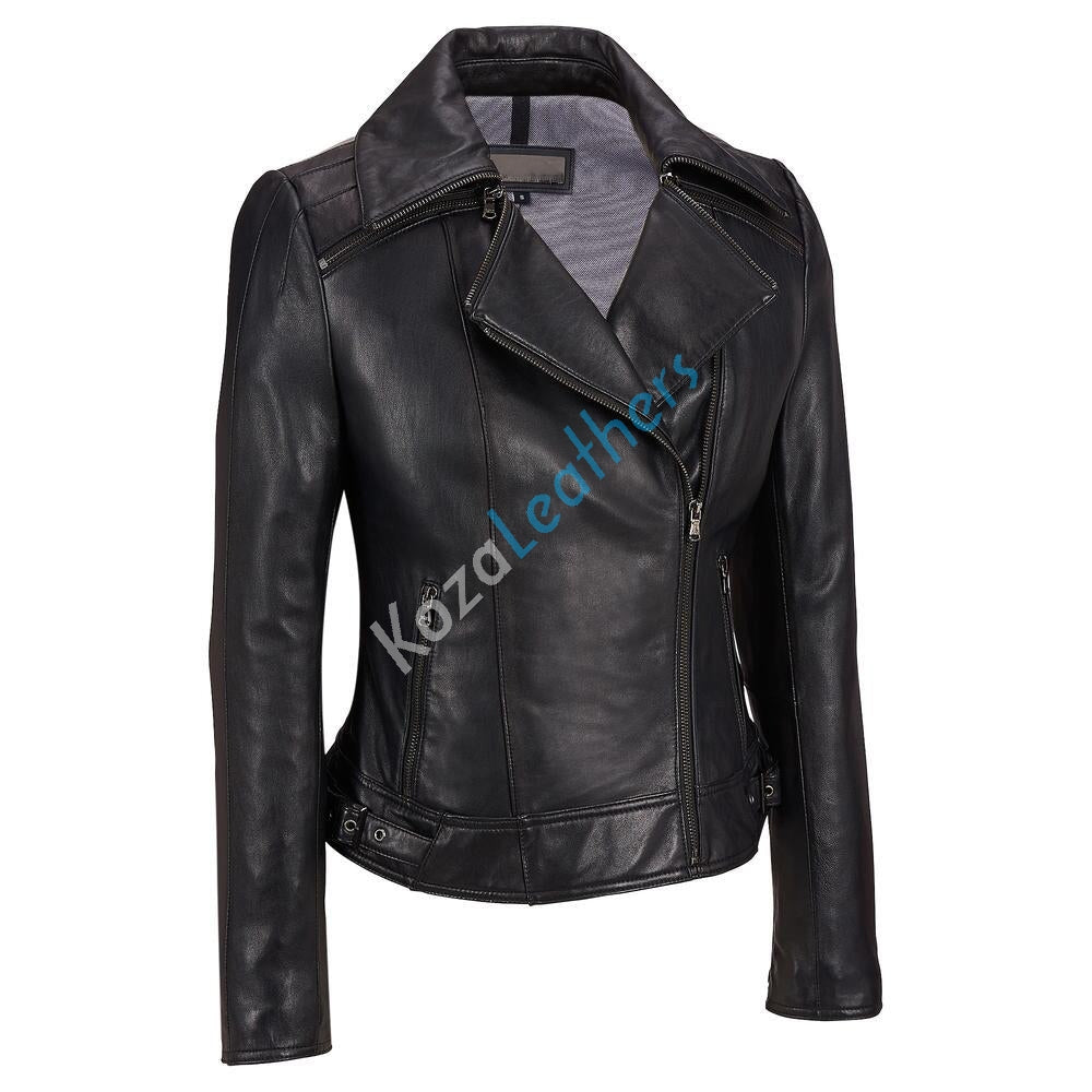 Women Real Lambskin Leather Biker Jacket KW147 featuring high-quality leather, satin lining, and stylish design with multiple pockets.