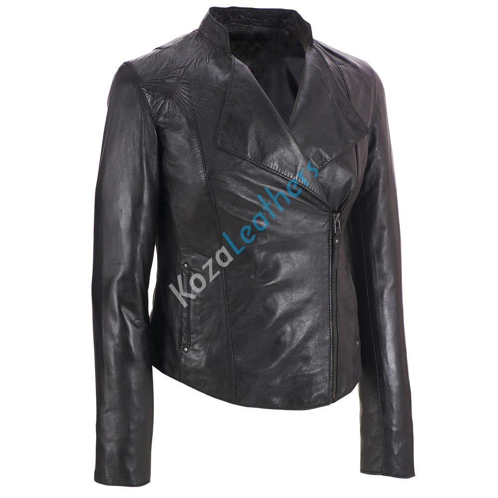 Women Real Lambskin Leather Biker Jacket KW151 featuring high-quality leather, satin lining, and stylish design with pockets.