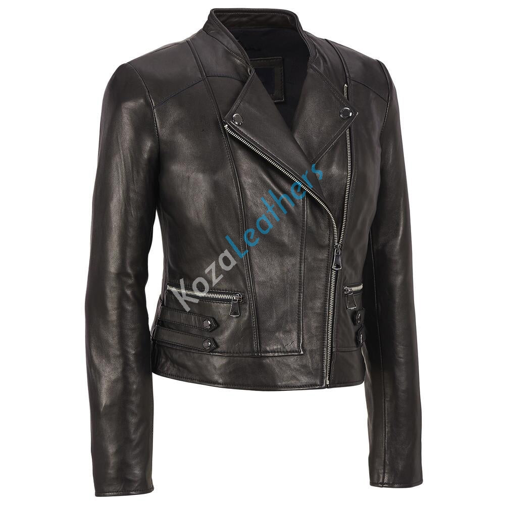 Women Real Lambskin Leather Biker Jacket KW159 with satin lining and YKK zipper, showcasing its stylish design and quality craftsmanship.