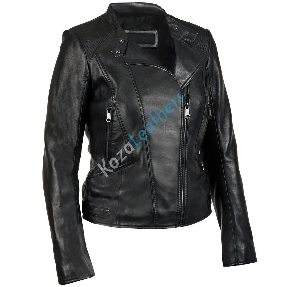 Women Real Lambskin Leather Biker Jacket KW160 with satin lining and YKK zipper, showcasing its stylish design and quality craftsmanship.