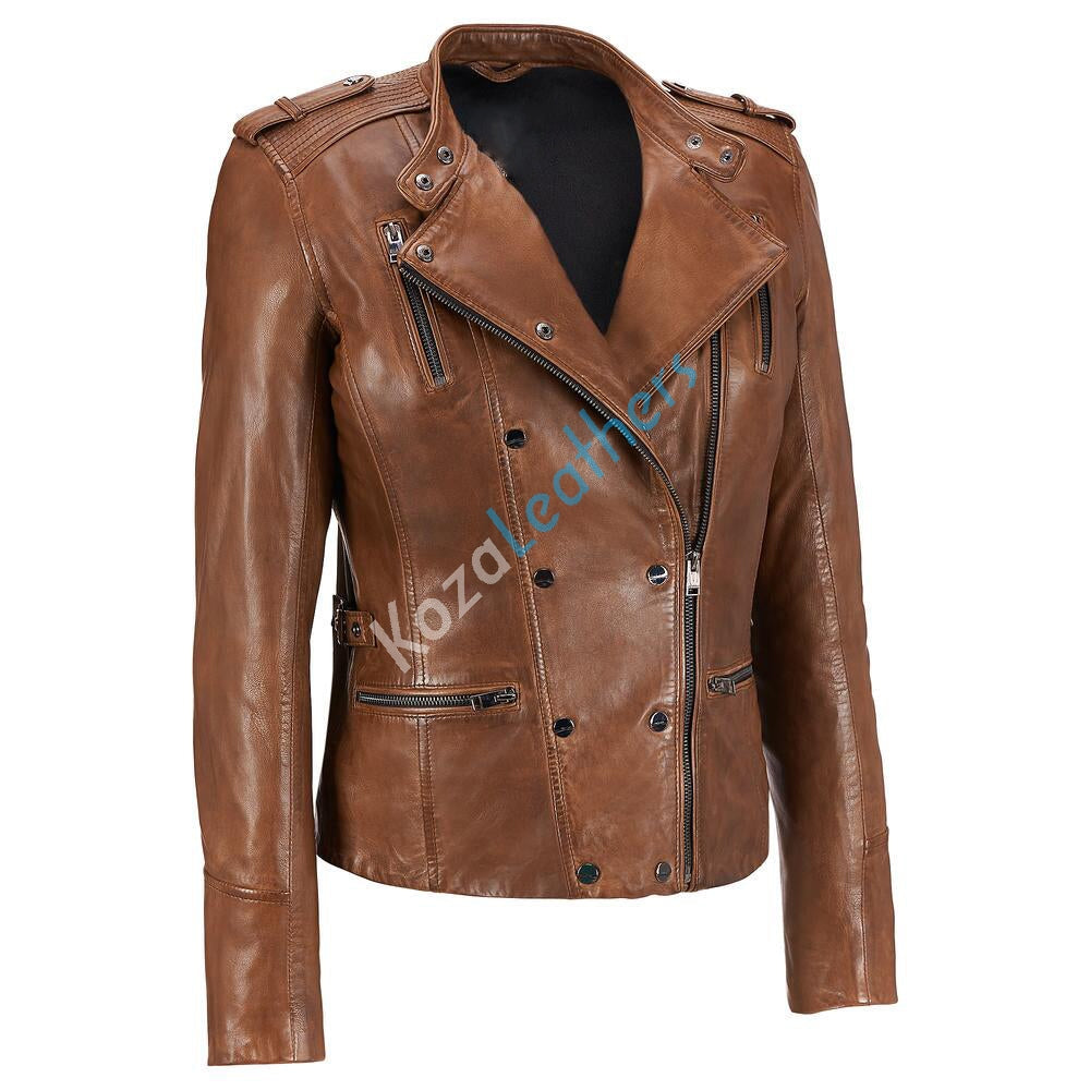 Women Real Lambskin Leather Biker Jacket KW163 featuring high-quality leather, satin lining, and stylish design with pockets.