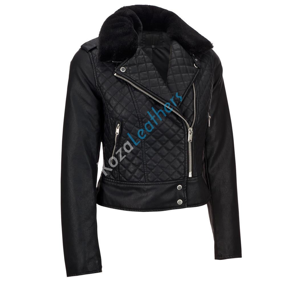 Women Real Lambskin Leather Biker Jacket KW170 featuring high-quality leather, satin lining, and stylish design with pockets.