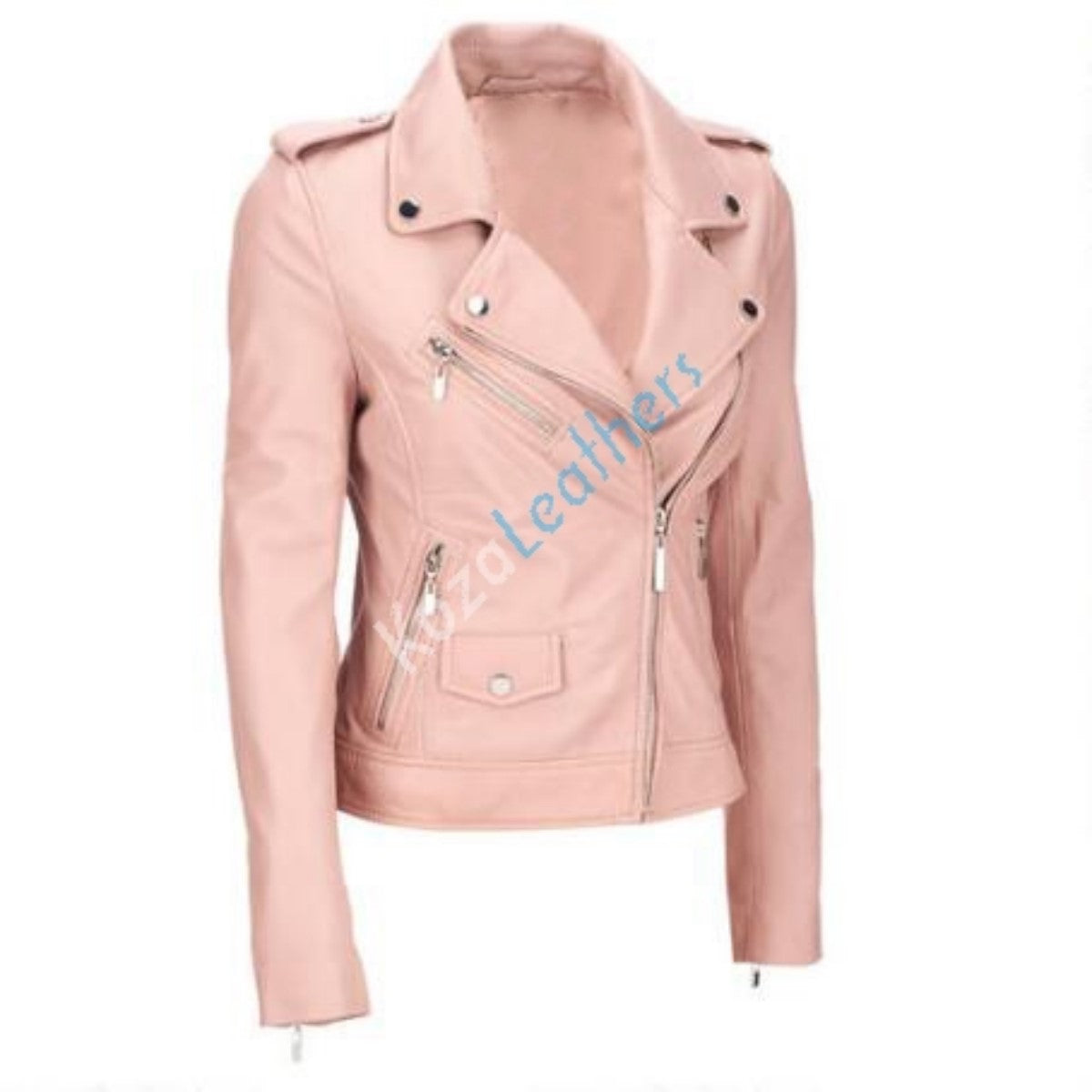 Women Real Lambskin Leather Biker Jacket KW174 featuring high-quality leather, satin lining, and stylish design with pockets.