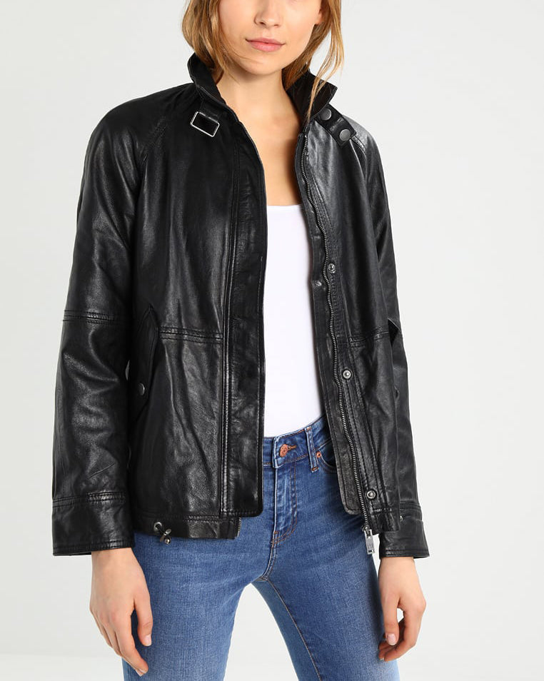 Women Real Lambskin Leather Biker Jacket KW220 featuring high-quality leather, satin lining, and stylish design with pockets.