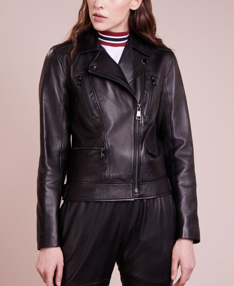 Women Real Lambskin Leather Biker Jacket KW204 featuring high-quality leather, YKK zipper, and satin lining, perfect for stylish motorcycle enthusiasts.
