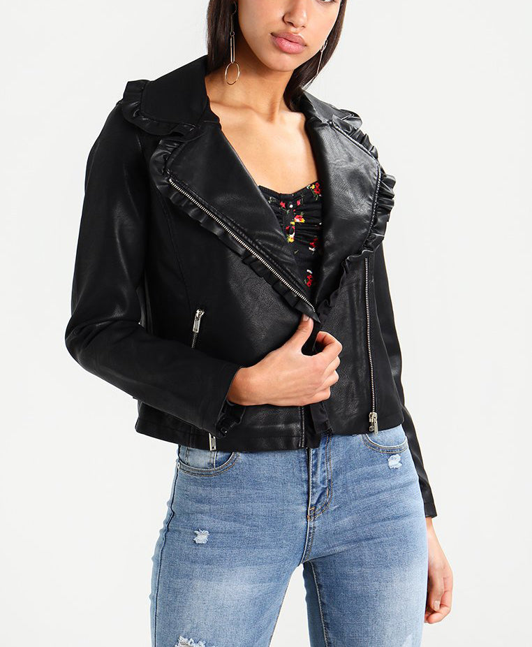 Women Real Lambskin Leather Biker Jacket KW218 featuring high-quality leather, satin lining, and stylish design with multiple pockets.