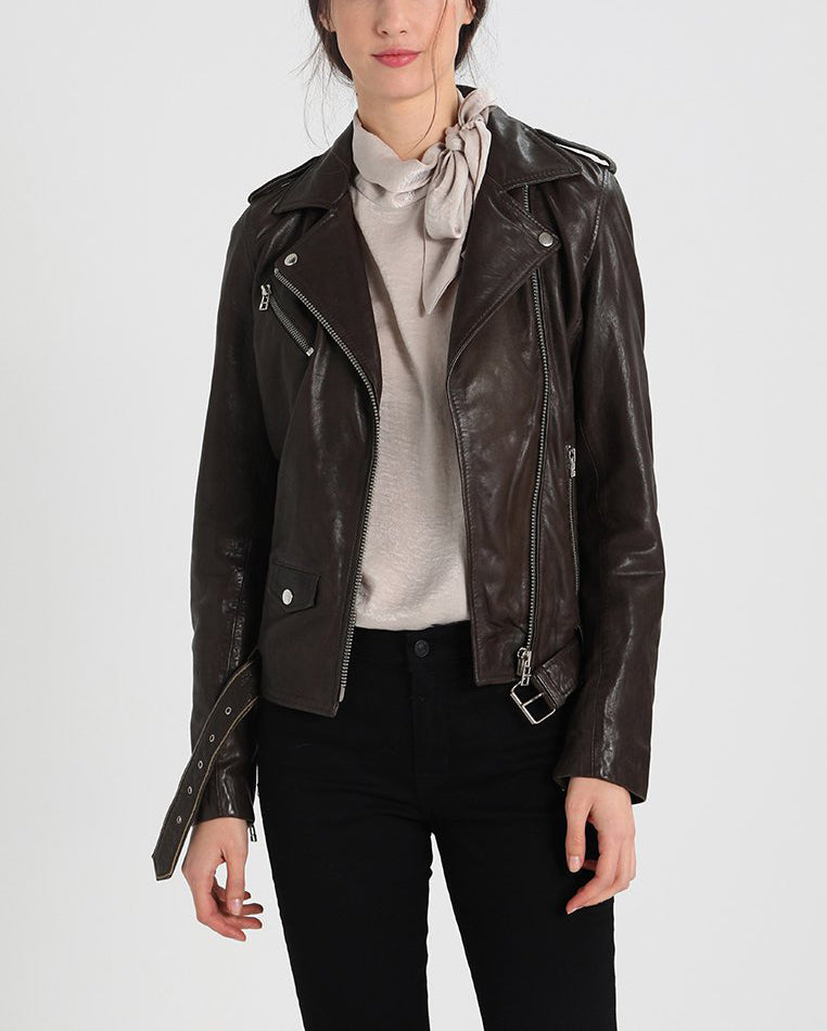 Women Real Lambskin Leather Biker Jacket KW243 featuring high-quality leather, satin lining, and stylish design with multiple pockets.
