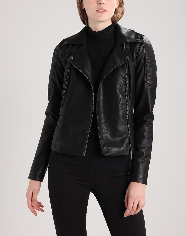 Women Real Lambskin Leather Biker Jacket KW245 featuring high-quality leather, satin lining, and stylish design with multiple pockets.