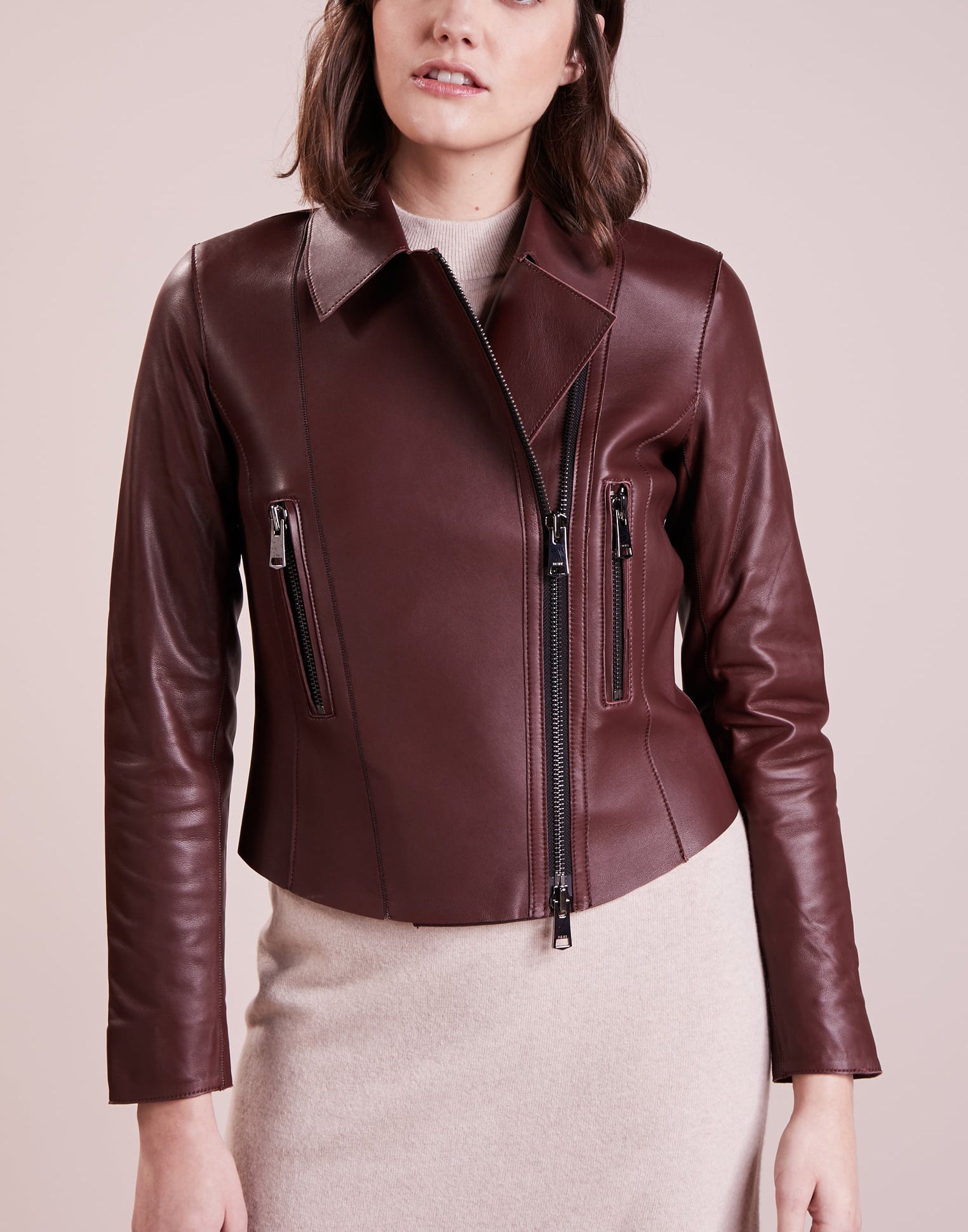 Women Real Lambskin Leather Biker Jacket KW266 featuring high-quality leather, satin lining, and stylish design with pockets.