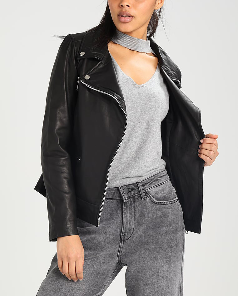 Women Real Lambskin Leather Biker Jacket KW282 with satin lining and YKK zipper, showcasing its stylish design and quality craftsmanship.