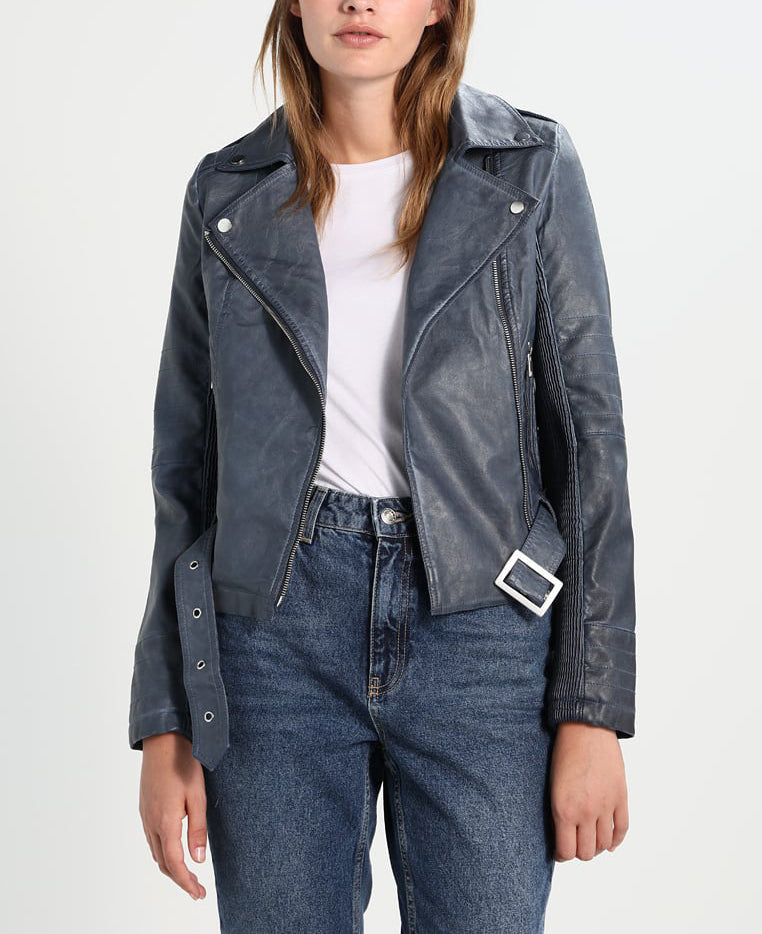 Women Real Lambskin Leather Biker Jacket KW294 featuring high-quality leather, satin lining, and stylish biker design with pockets.