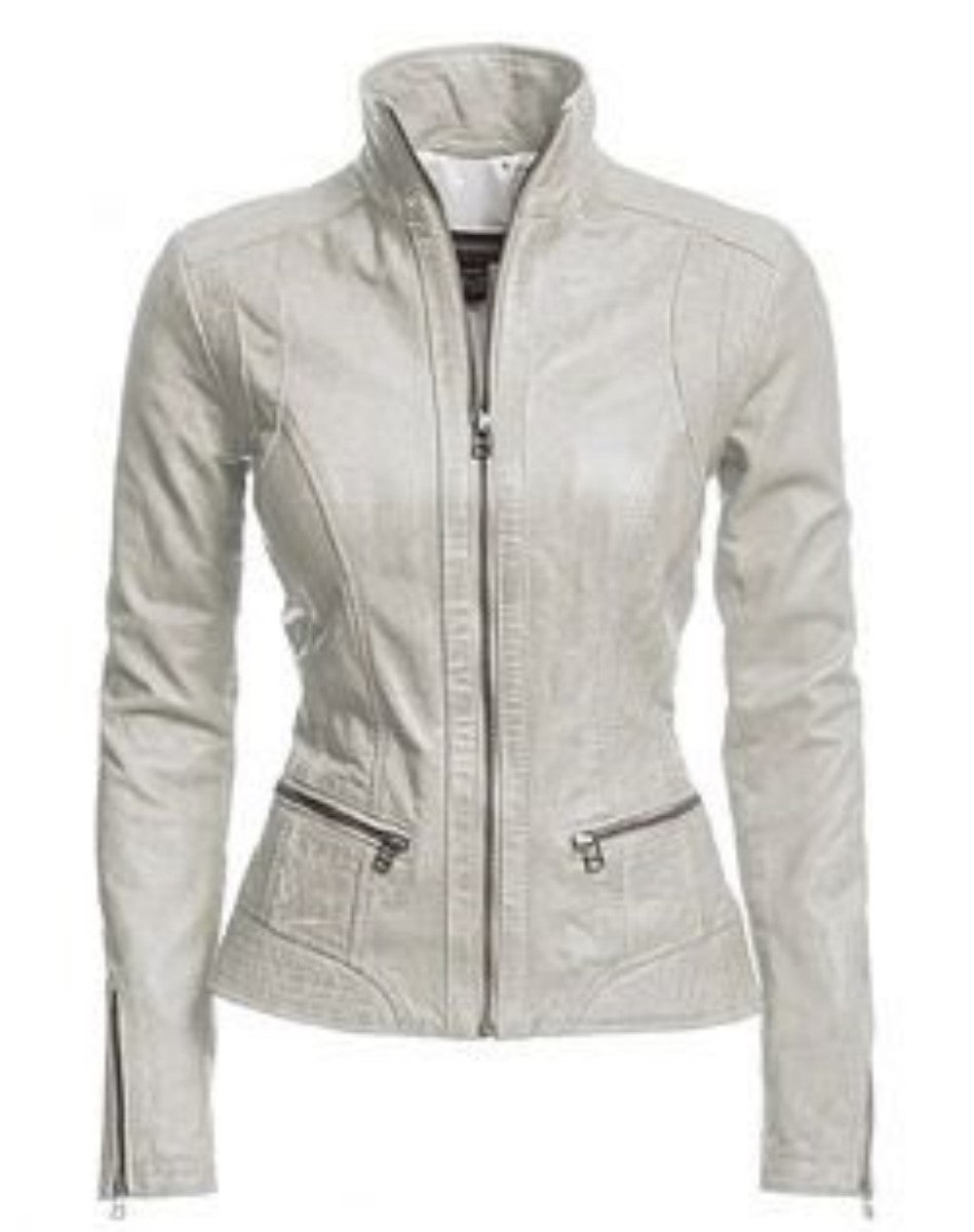 Women Real Lambskin Leather Biker Jacket KW306 featuring high-quality leather, satin lining, and stylish design.