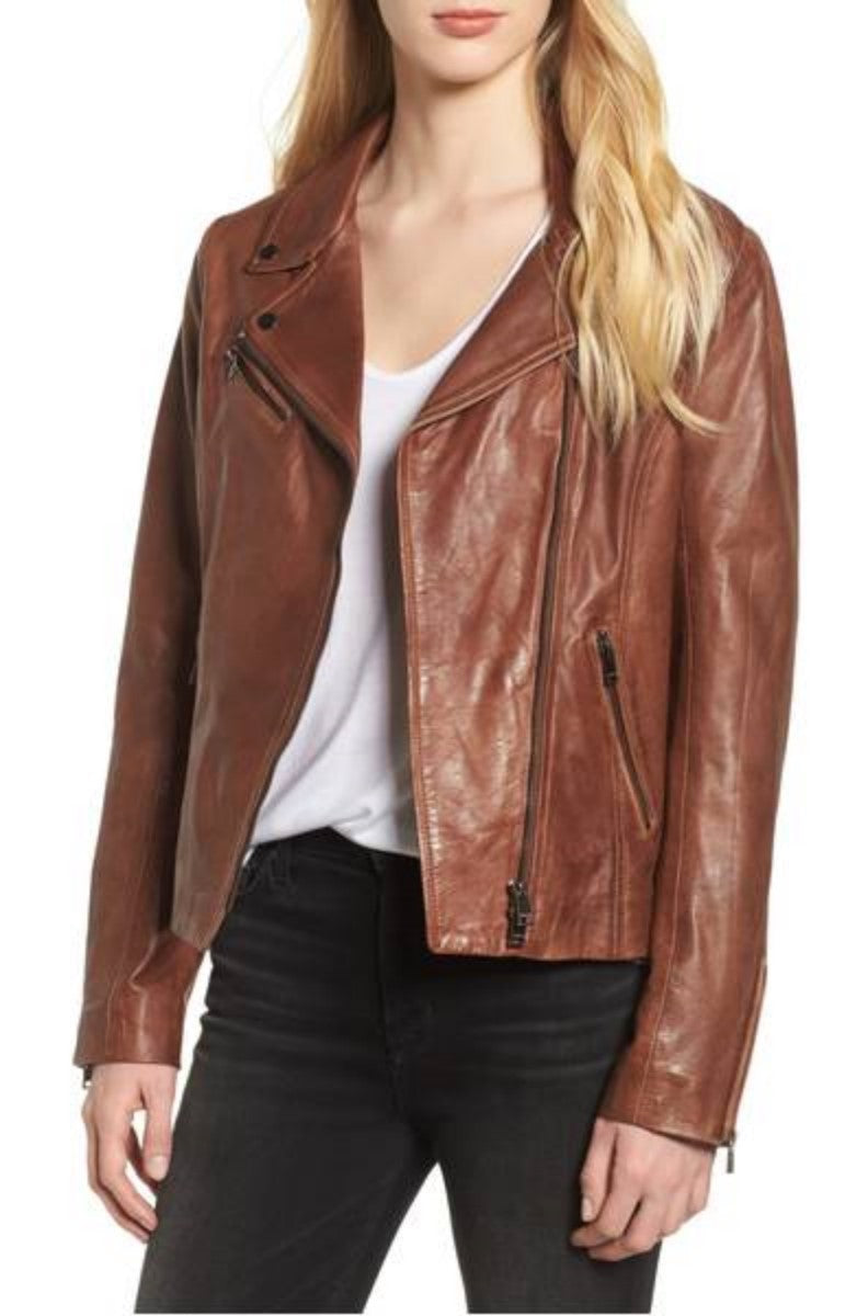 Women Real Lambskin Leather Biker Jacket KW321 featuring high-quality leather, satin lining, and stylish design.