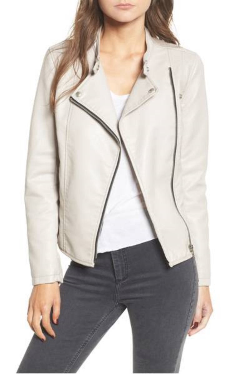 Women Real Lambskin Leather Biker Jacket KW323 featuring high-quality leather, satin lining, and stylish design with multiple pockets.
