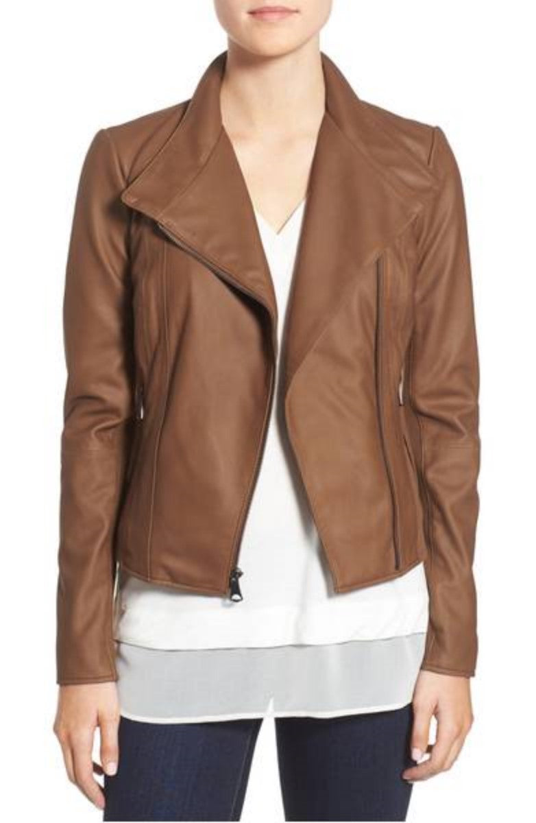 Women Real Lambskin Leather Biker Jacket KW326 featuring high-quality leather, satin lining, and stylish design with pockets.