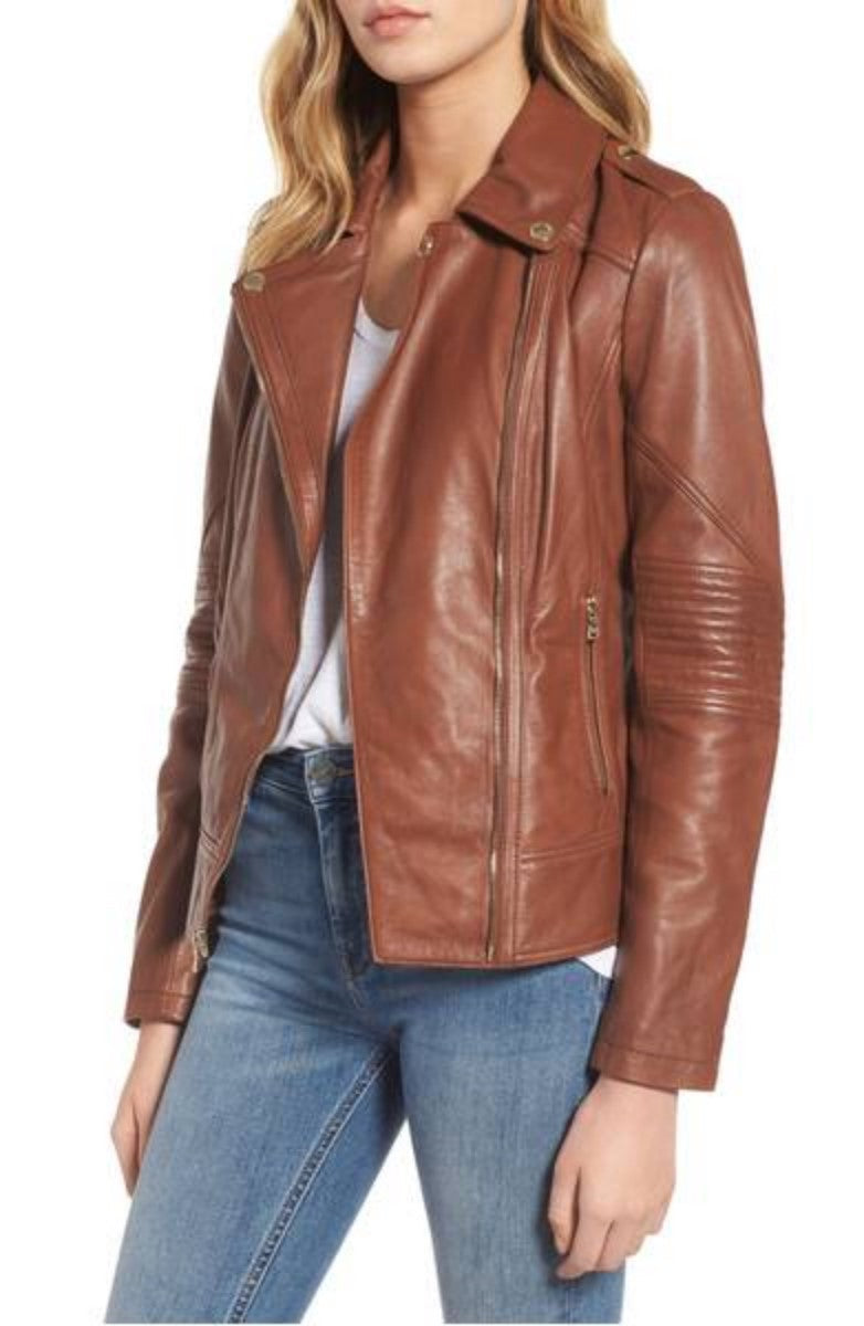 Women Real Lambskin Leather Biker Jacket KW328 featuring high-quality leather, YKK zipper, and satin lining for comfort.