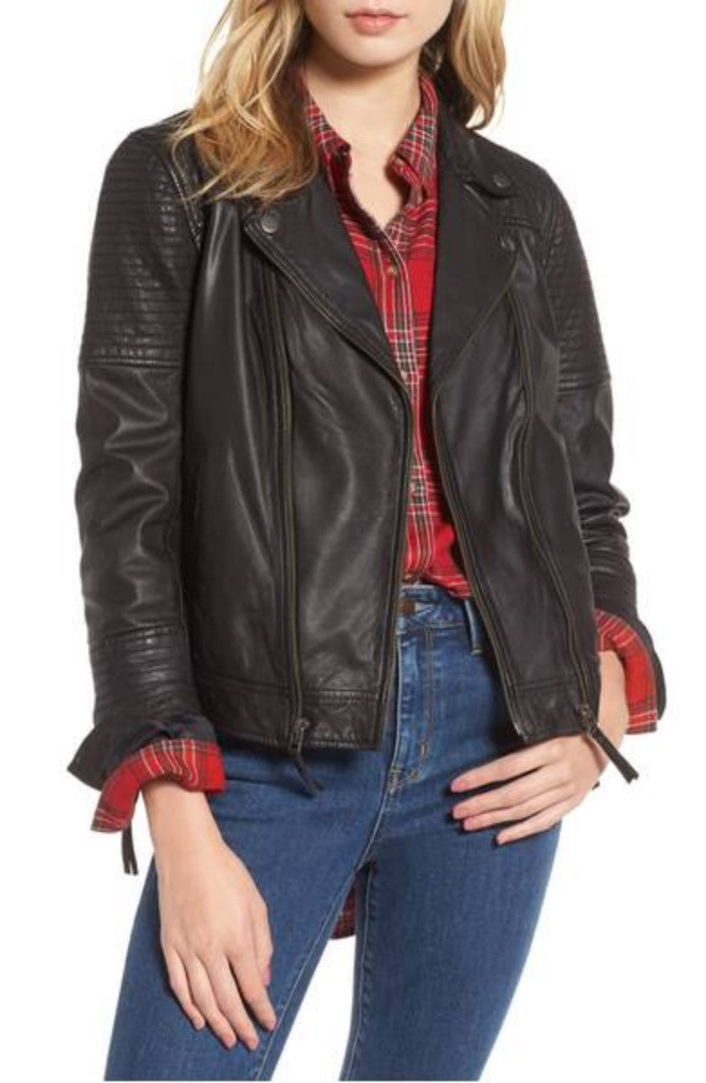 Women Real Lambskin Leather Biker Jacket KW334 featuring high-quality leather, satin lining, and stylish design with multiple pockets.