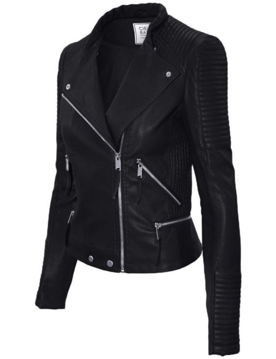 Women Real Lambskin Leather Biker Jacket KW345 featuring high-quality leather, YKK zipper, and satin lining for comfort.