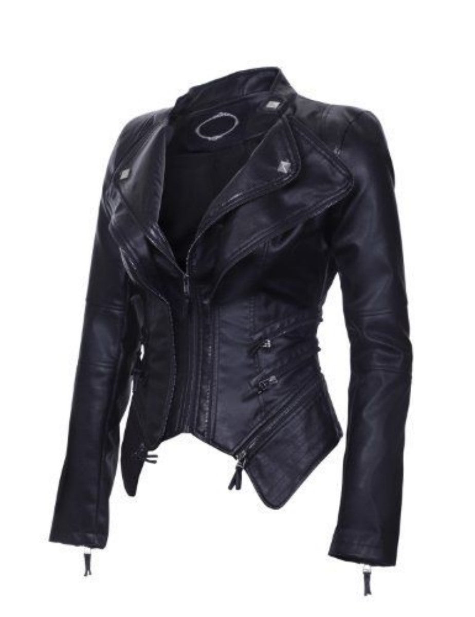 Women Real Lambskin Leather Biker Jacket KW347 featuring high-quality leather, YKK zipper, and satin lining for comfort.