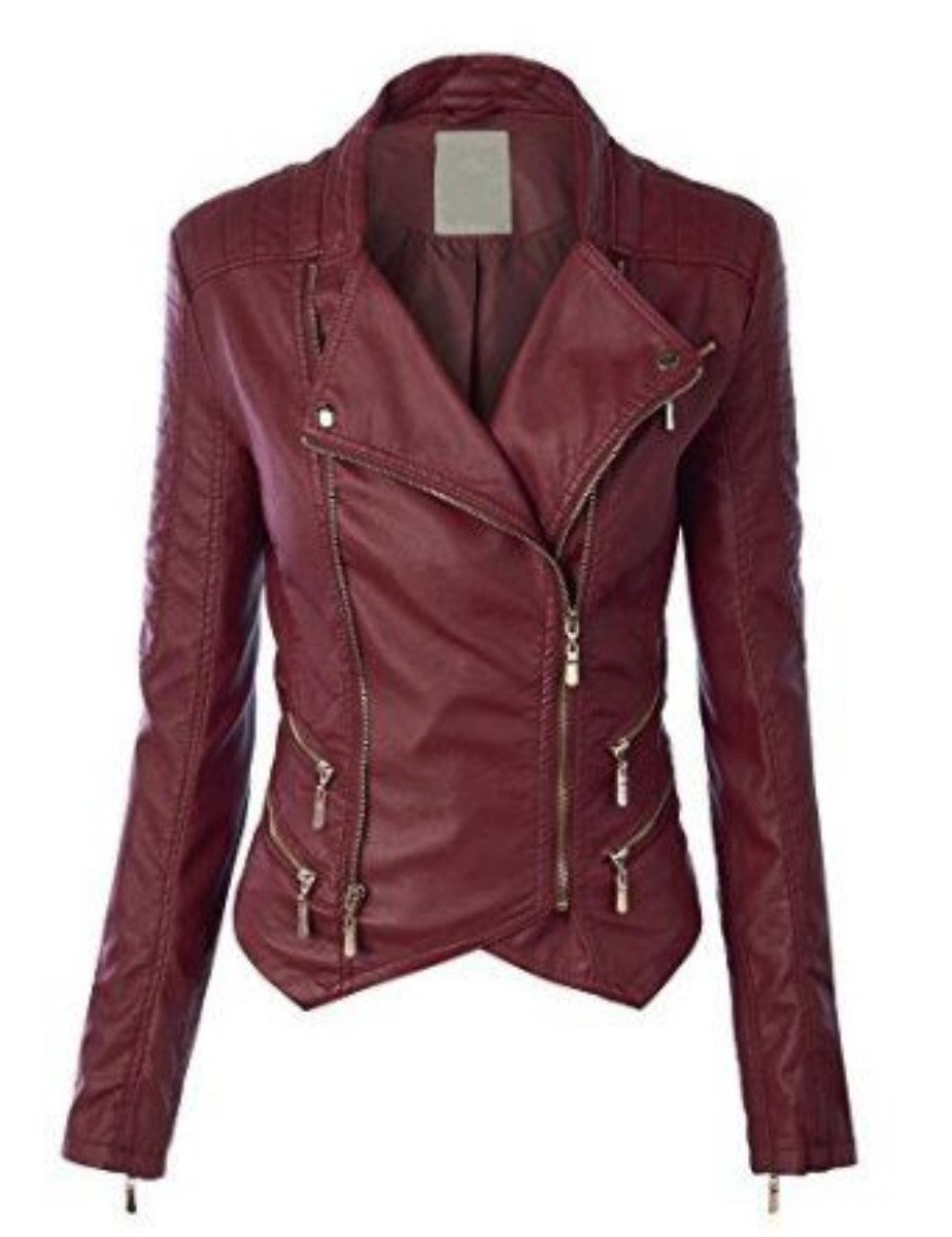 Women Real Lambskin Leather Biker Jacket KW349 featuring high-quality leather, satin lining, and stylish design with multiple pockets.