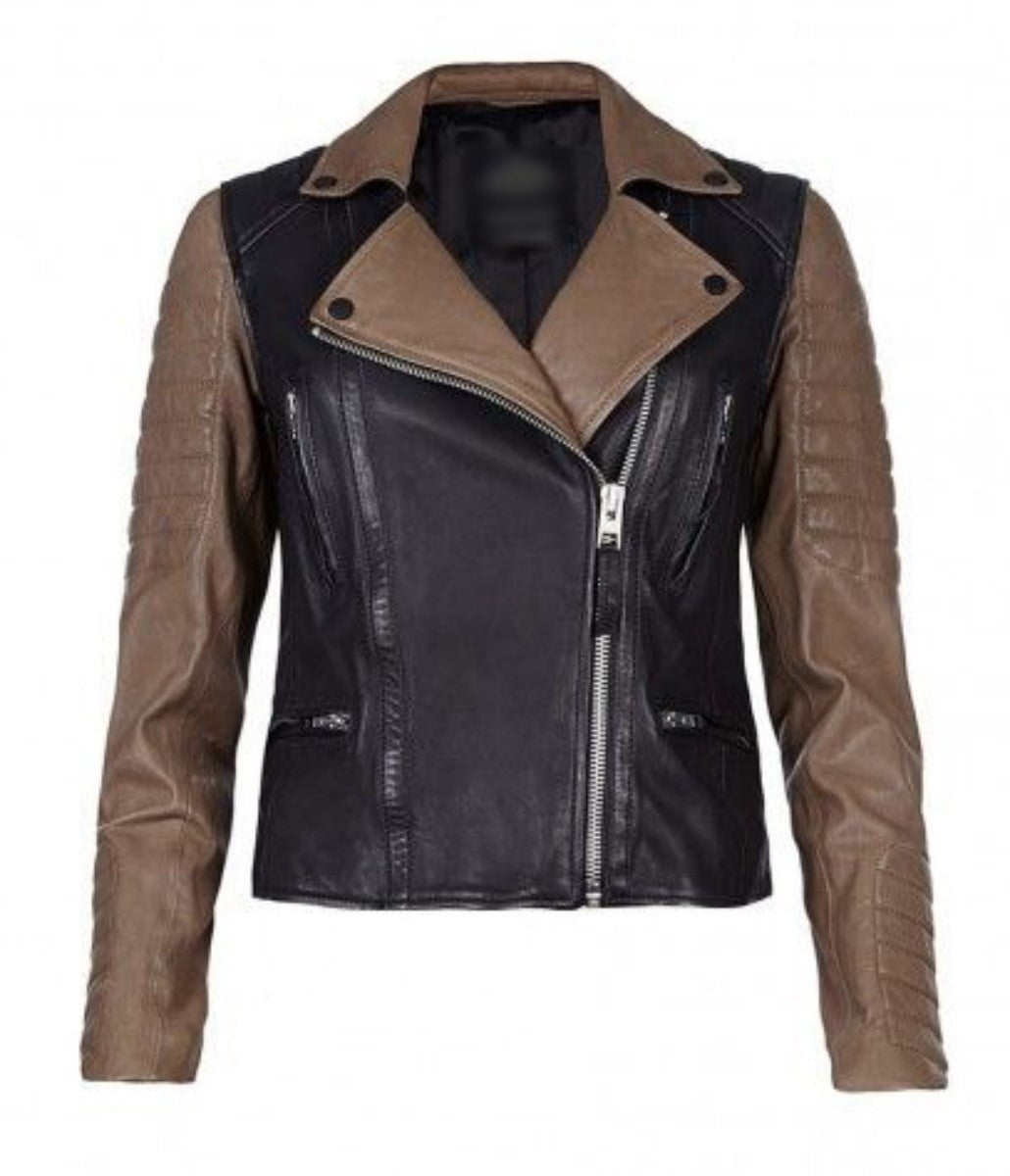 Women Real Lambskin Leather Biker Jacket KW352 featuring high-quality leather, satin lining, and stylish biker design.