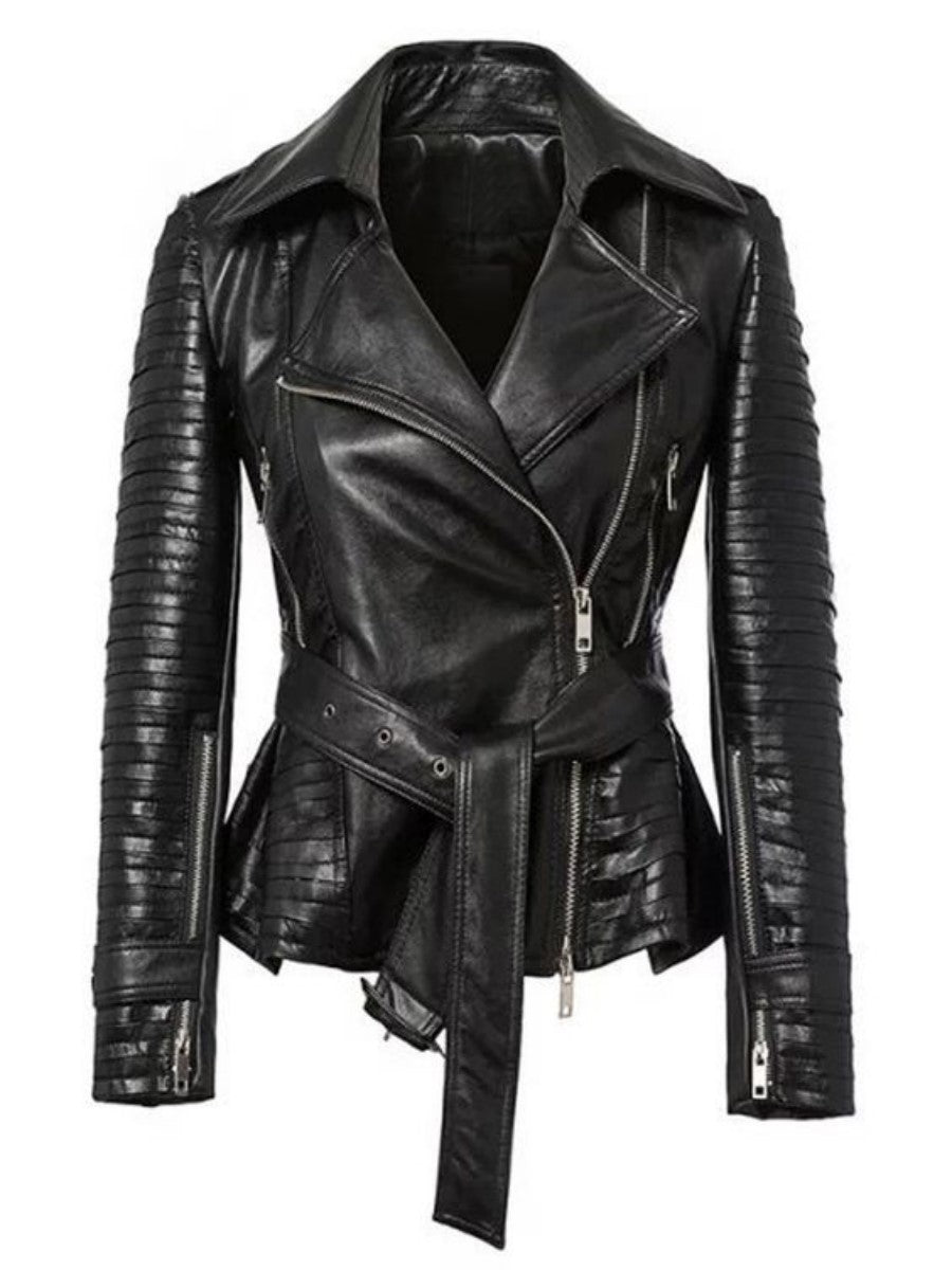 Women Real Lambskin Leather Biker Jacket KW358 featuring high-quality leather, satin lining, and stylish design with pockets.