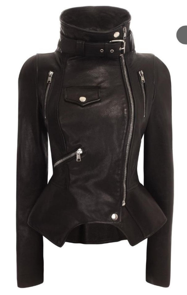 Women Real Lambskin Leather Biker Jacket KW336 featuring high-quality leather, satin lining, and stylish design with multiple pockets.