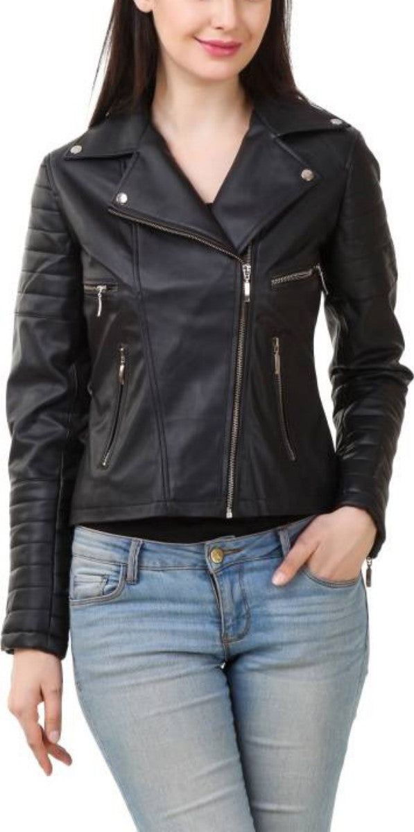 Women Real Lambskin Leather Biker Jacket KW386 featuring high-quality leather, satin lining, and stylish design with multiple pockets.