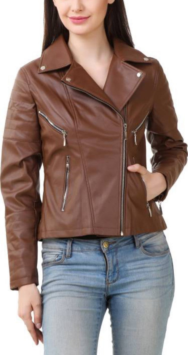 Women Real Lambskin Leather Biker Jacket KW389 featuring high-quality leather, YKK zipper, and satin lining, designed for style and comfort.