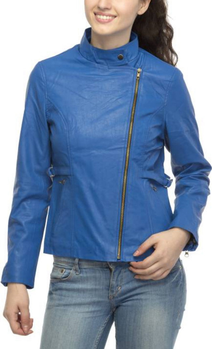 Women Real Lambskin Leather Biker Jacket KW402 featuring high-quality leather, YKK zipper, and satin lining for comfort.