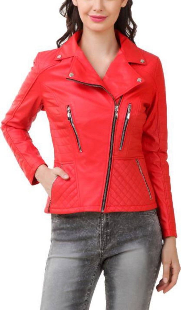 Women Real Lambskin Leather Biker Jacket KW411 featuring high-quality leather, YKK zipper, and satin lining for comfort.