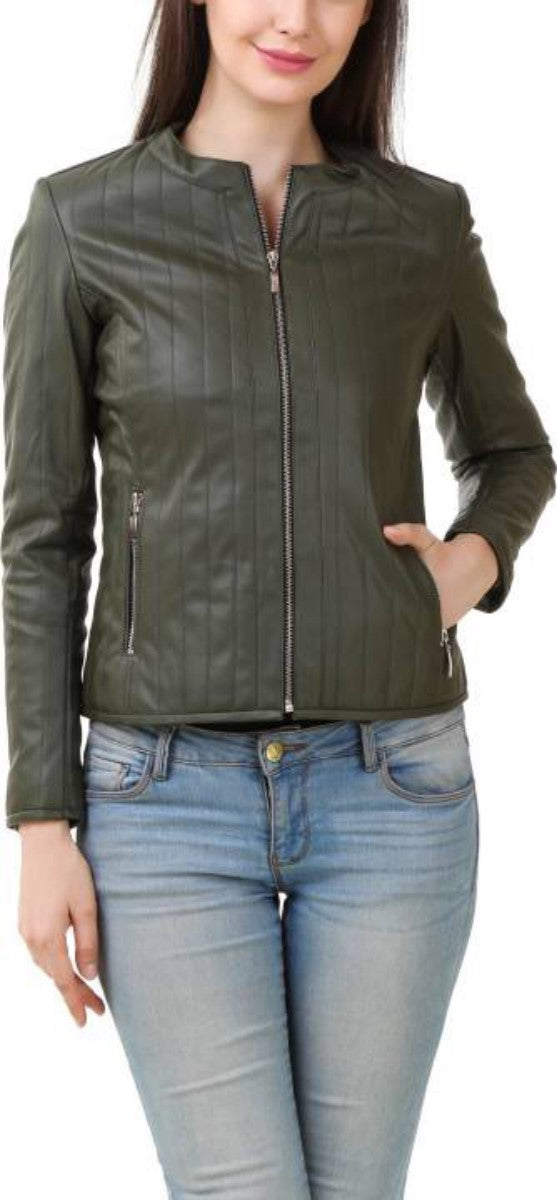 Women Real Lambskin Leather Biker Jacket KW416 featuring high-quality leather, satin lining, and stylish design with multiple pockets.
