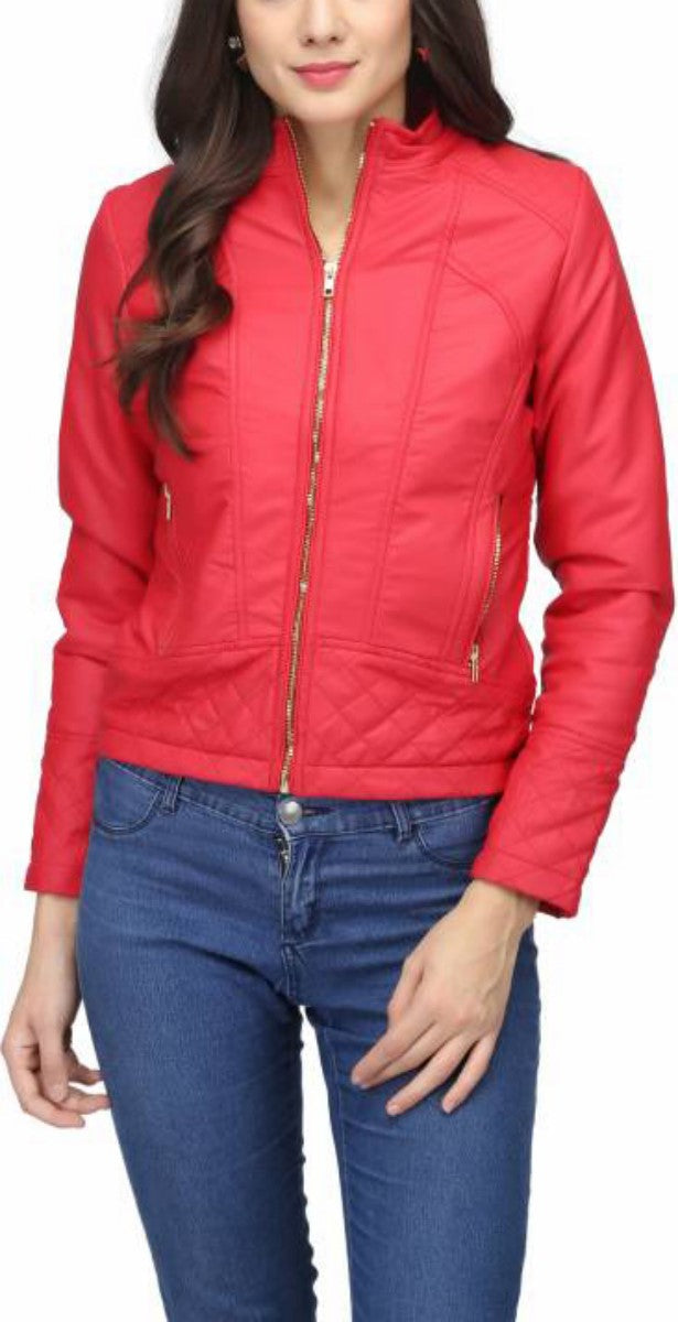 Women Real Lambskin Leather Biker Jacket KW420 featuring high-quality leather, satin lining, and stylish design with pockets.