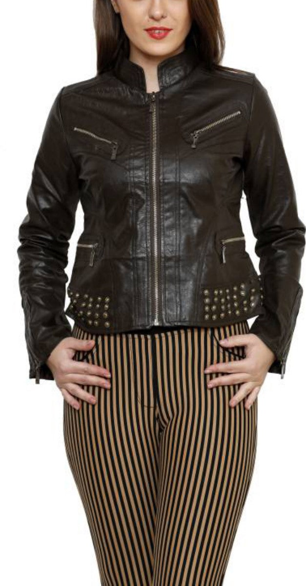 Women Real Lambskin Leather Biker Jacket KW421 featuring high-quality leather, satin lining, and stylish design with multiple pockets.