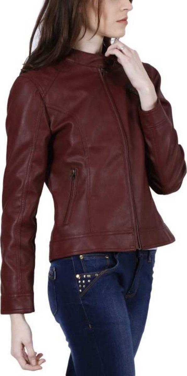 Women Real Lambskin Leather Biker Jacket KW424 featuring high-quality leather, satin lining, and stylish design with multiple pockets.