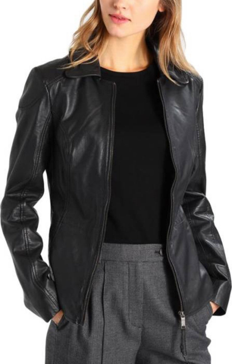 Women Real Lambskin Leather Biker Jacket KW433 featuring high-quality leather, YKK zipper, and satin lining for comfort.
