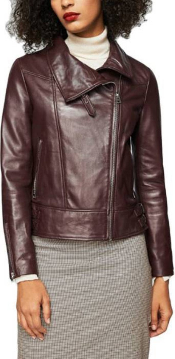 Women Real Lambskin Leather Biker Jacket KW430 featuring high-quality leather, YKK zipper, and satin lining, perfect for stylish motorcycle enthusiasts.
