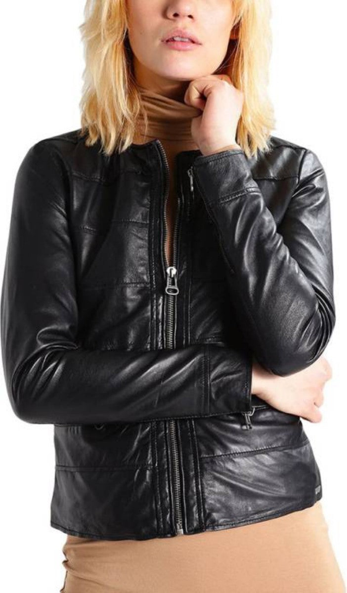 Women Real Lambskin Leather Biker Jacket KW431 featuring high-quality leather, satin lining, and stylish design with pockets.