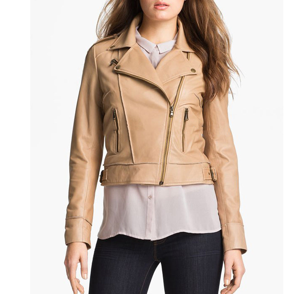 Women Real Lambskin Leather Biker Jacket KW454 featuring high-quality leather, satin lining, and stylish design with pockets.