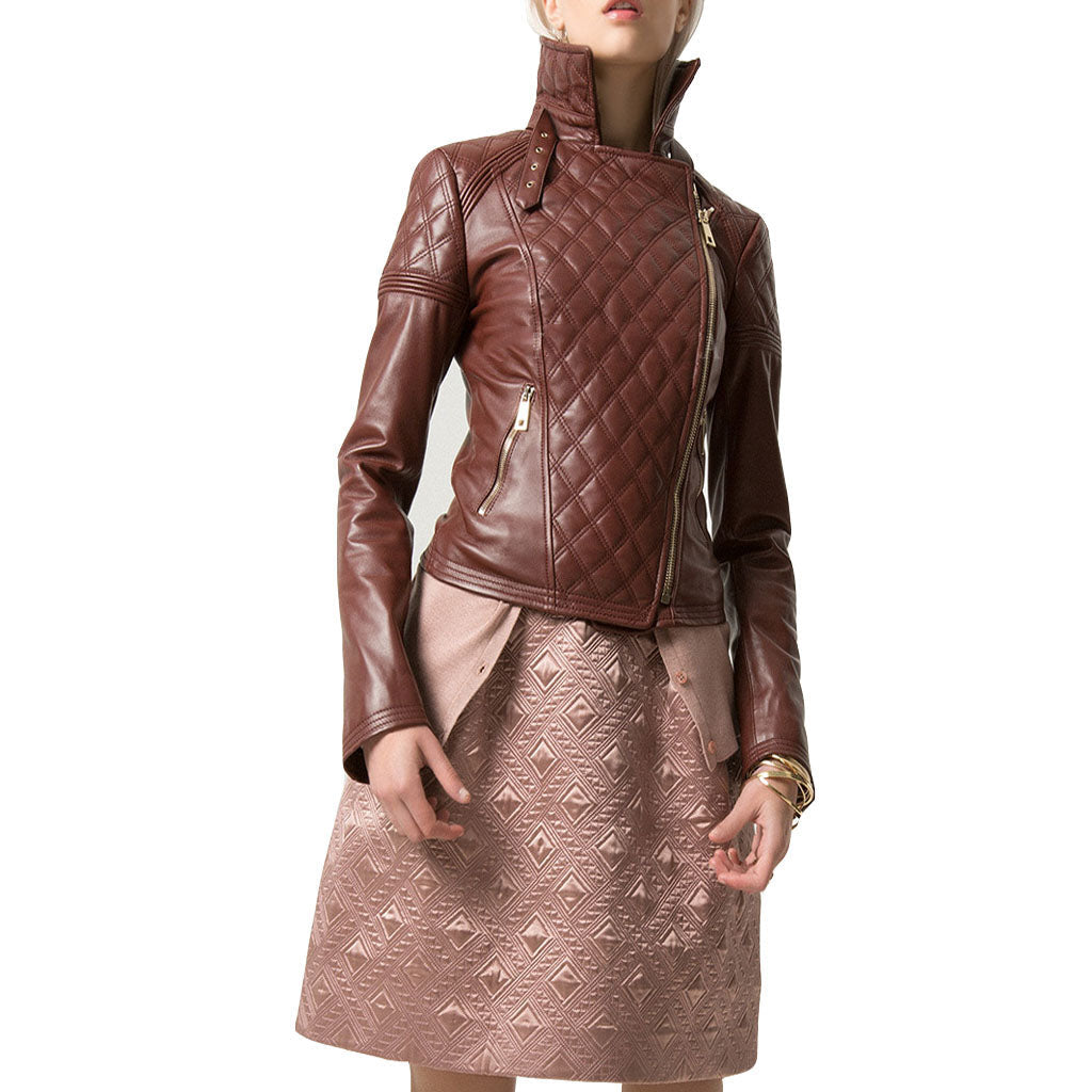 Women Real Lambskin Leather Biker Jacket KW463 featuring high-quality leather, satin lining, and stylish design with multiple pockets.