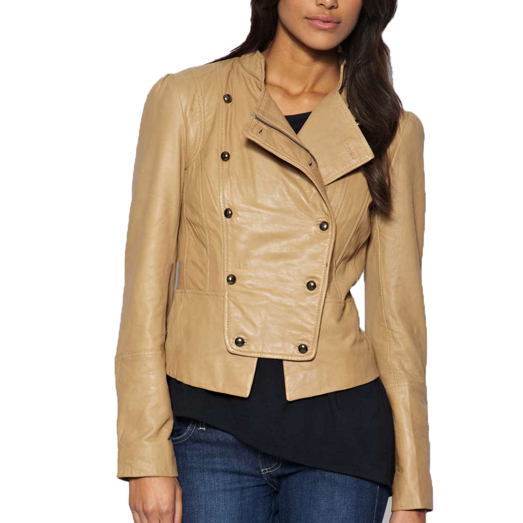 Women Real Lambskin Leather Biker Jacket KW469 featuring high-quality leather, satin lining, and stylish design with pockets.