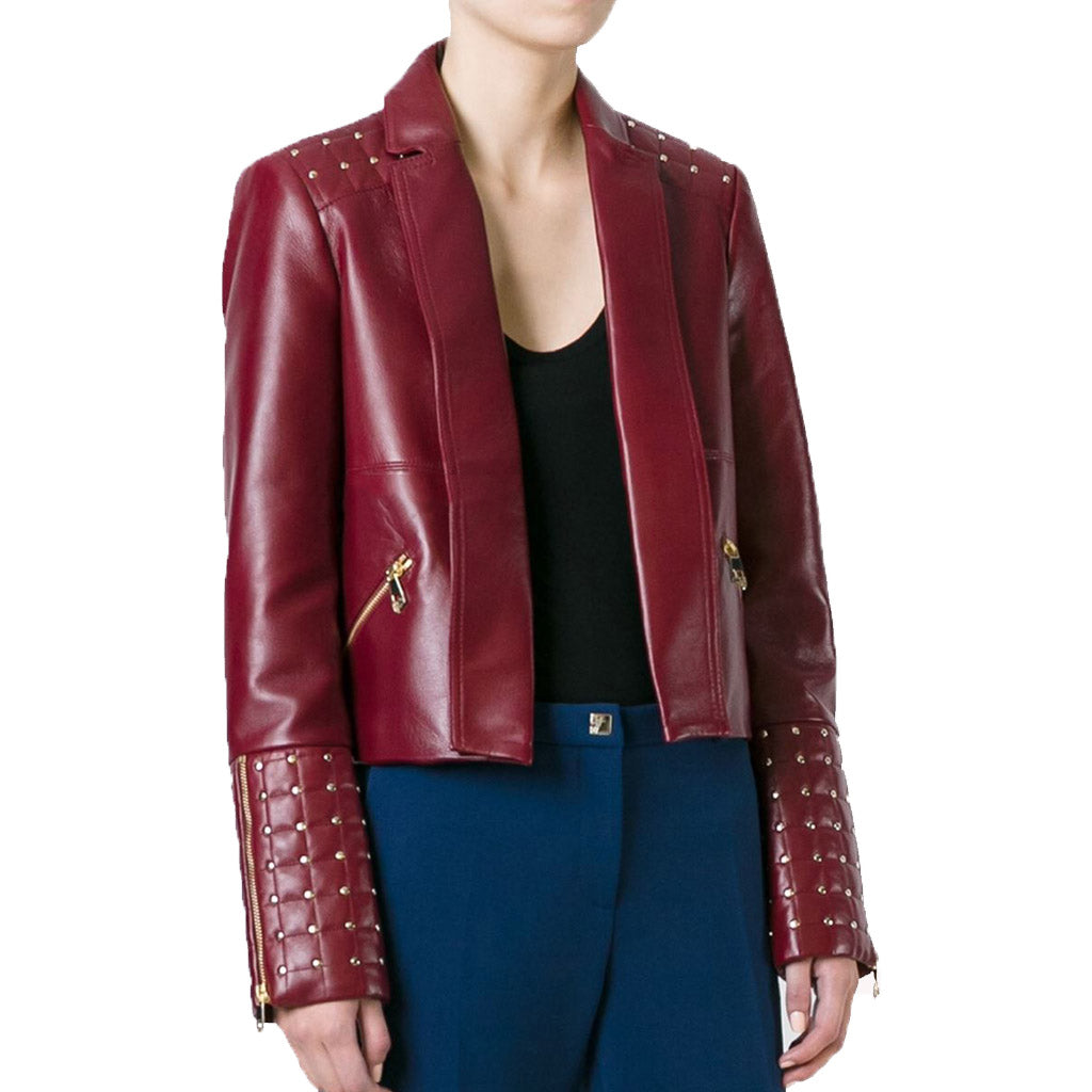 Women Real Lambskin Leather Biker Jacket KW479 featuring high-quality leather, satin lining, and stylish design with multiple pockets.